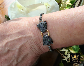 Tiger Head Bracelet, Black, Gold Animal Bead CZ Cat Head Adjustable Bolo Bracelet, Cubic Zirconia Chain Bracelets, 3D Panther - A Girls Gems